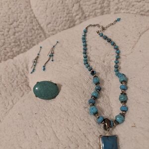 Turquoise Beaded Necklace ,Ring, Earring Set